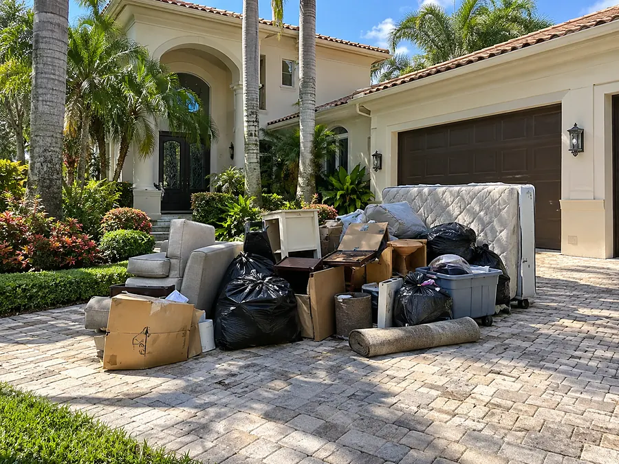 Furniture and bagged debris piled on a driveway